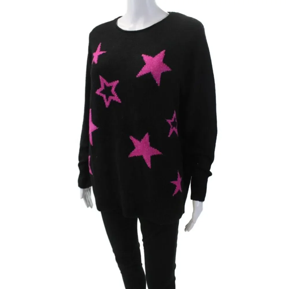 Renuar Womens Long Sleeve Geometric Oversized Pullover Sweater Black Size M